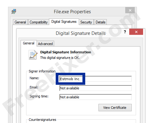 Screenshot of the Estmob Inc. certificate